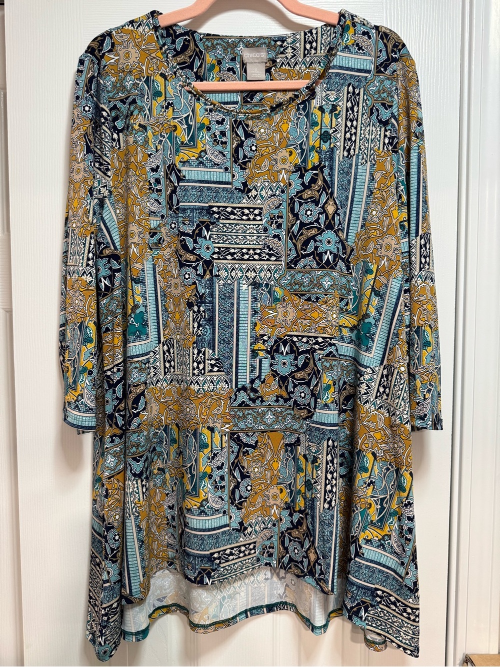 Chico's Multicolor Patchwork Print Tunic - Teal, Mustard, Black